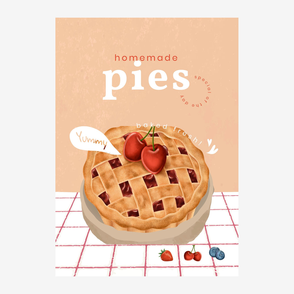 Affiche illustrée montrant une tarte aux fruits rouges avec croûte dorée et garniture de fruits, sur un damier rose, avec.