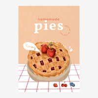 Affiche illustrée montrant une tarte aux fruits rouges avec croûte dorée et garniture de fruits, sur un damier rose, avec.