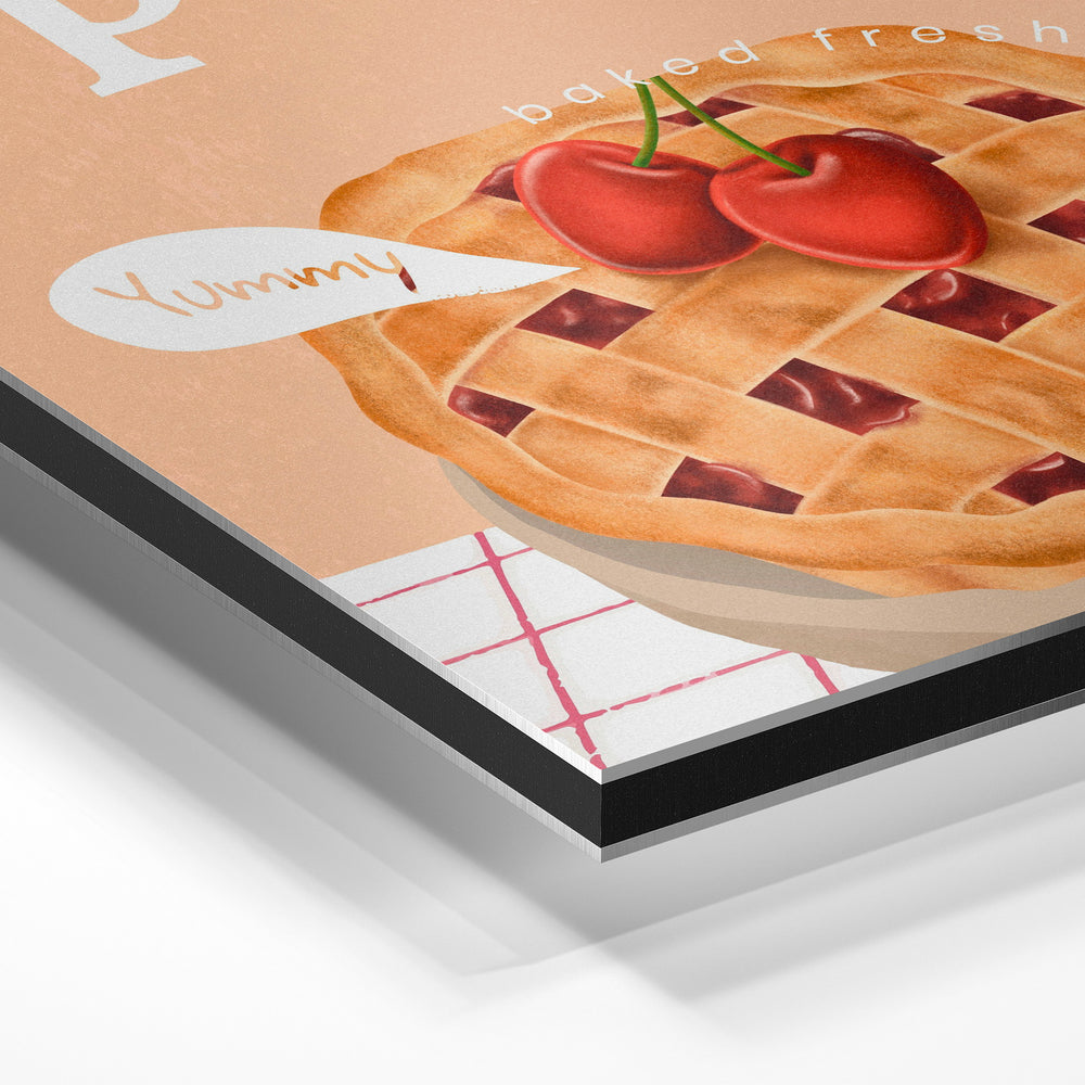 Gros plan de la matière : le tirage contrecollé sur aluminium Dibond mat, tranche visible.