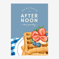 Affiche portrait bleu ciel avec texte "You Are Invited - Afternoon Tea Party" et illustration de gaufres garni de fraises et.