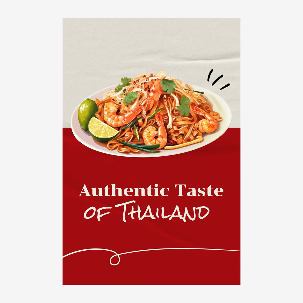 Affiche rouge et beige présentant un plat de nouilles aux crevettes garni d'herbes et citron, avec le texte « Authentic.