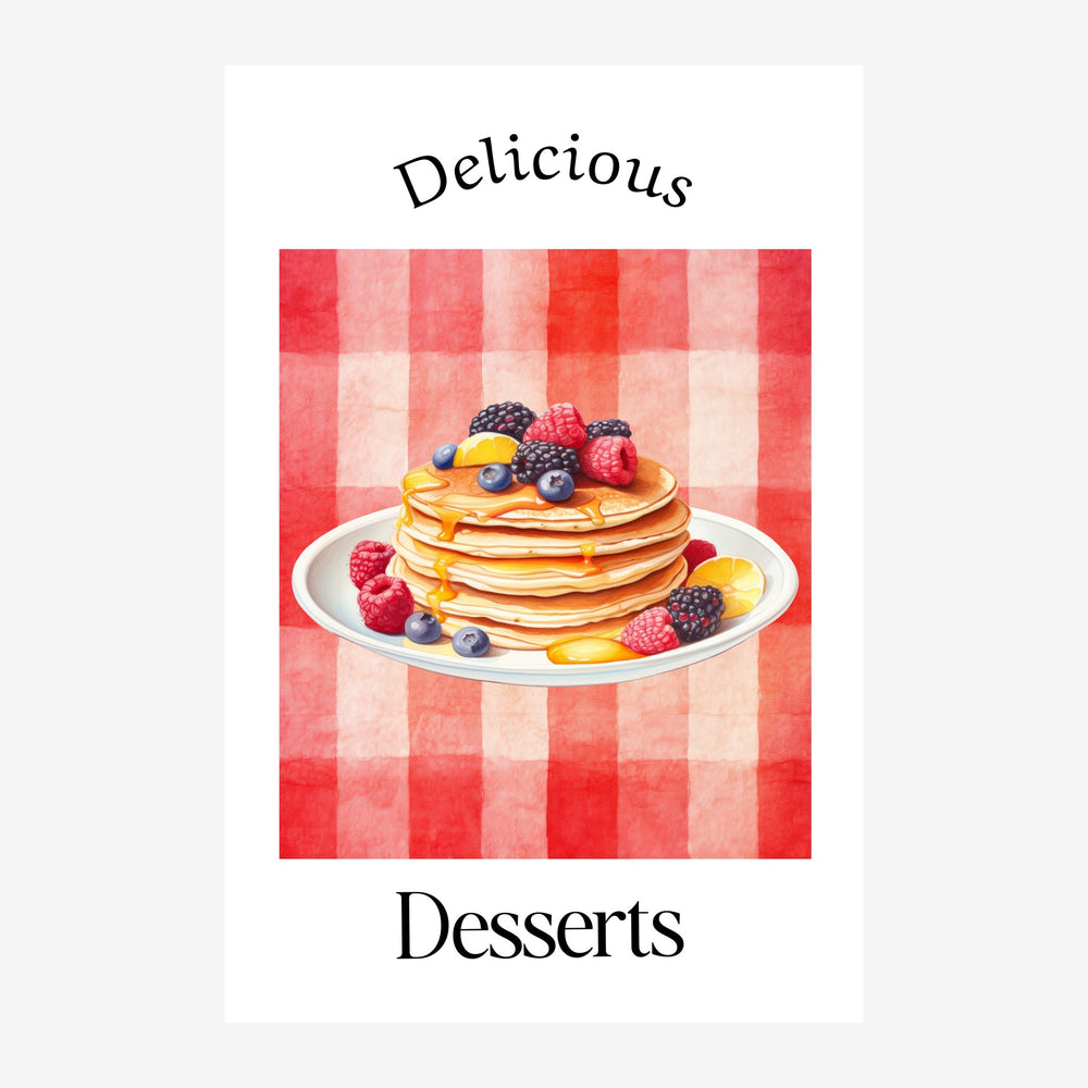 Affiche illustrant une pile de pancakes dorés avec des baies rouges et bleues sur une assiette blanche, sur un fond à.