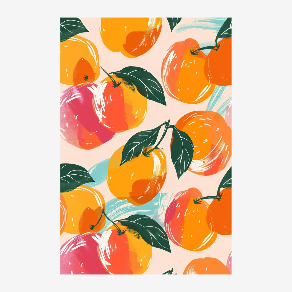 Affiche illustrant des agrumes multicolores (oranges, citrons, pamplemousses roses) avec des feuilles vert foncé sur un fond.