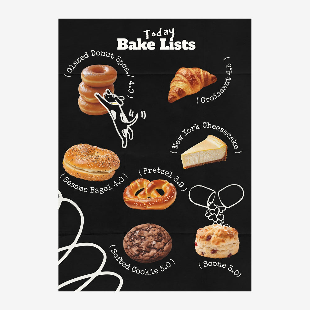 Affiche noire affichant une liste de pâtisseries avec illustrations de donuts, croissants, bagels, bretzels, cookies et.