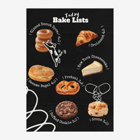 Affiche noire affichant une liste de pâtisseries avec illustrations de donuts, croissants, bagels, bretzels, cookies et.