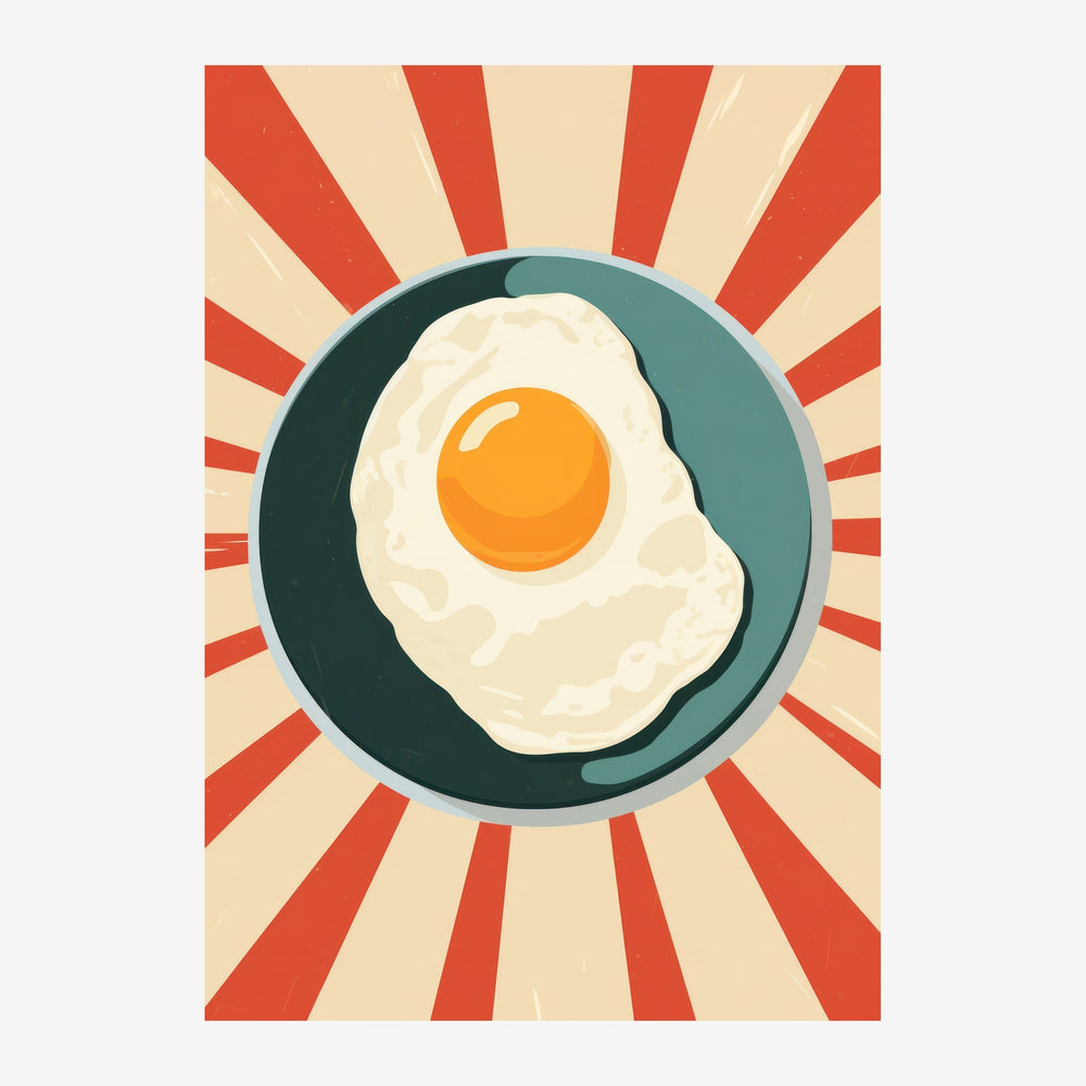 Illustration d'un œuf au plat dans une poêle, au centre d'un motif de rayons rouge et crème, dans un style pop art années.