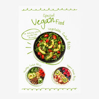 Affiche illustrée montrant trois plats vegan : un grand bol de légumes sautés au centre et deux bols de salades avec fruits.