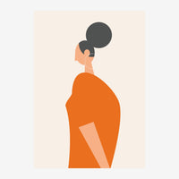Portrait pop art stylisé d'une femme en profil, vêtue d'une robe orange, tenant un cercle gris au-dessus de sa tête, sur.