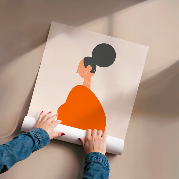 Femme orange et charcoal, style pop art rétro — Poster HP mat