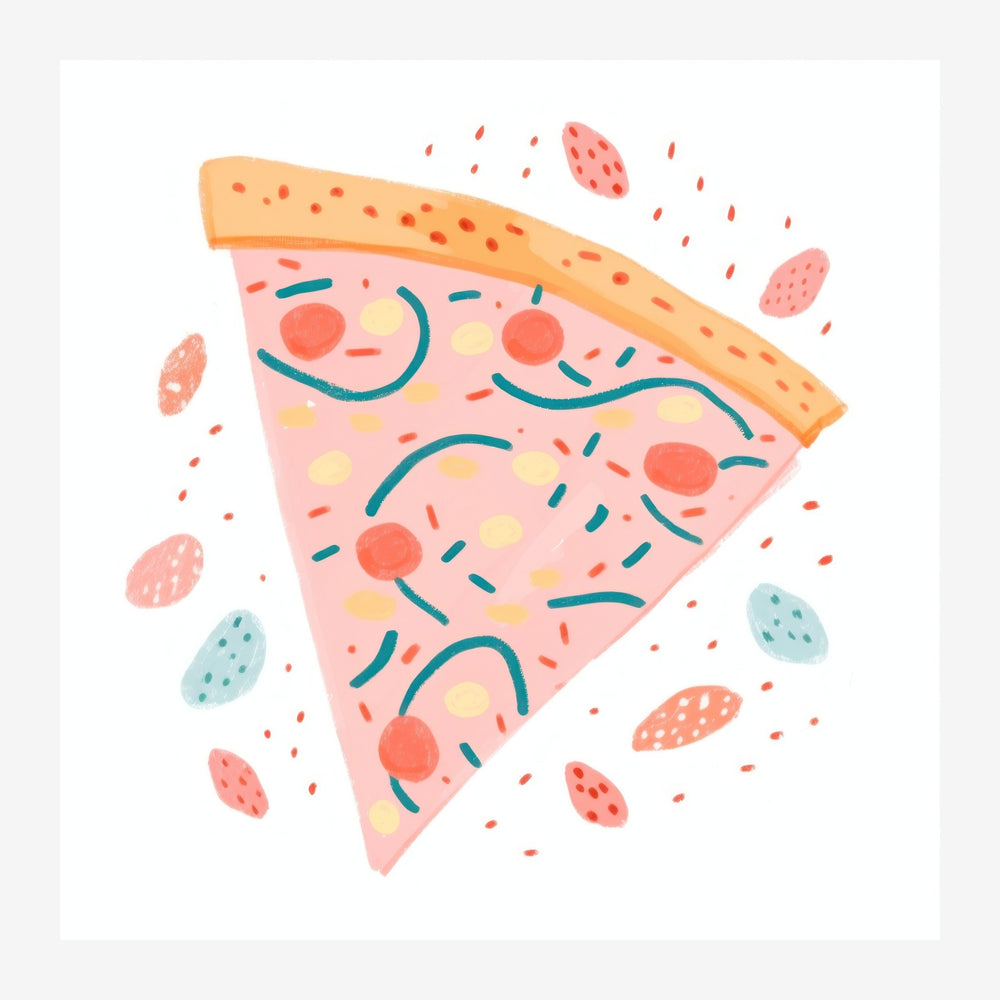 Illustration d'une tranche de pizza rose avec des toppings rouges et jaunes, décorée de traits bleu-vert courbes, entourée.