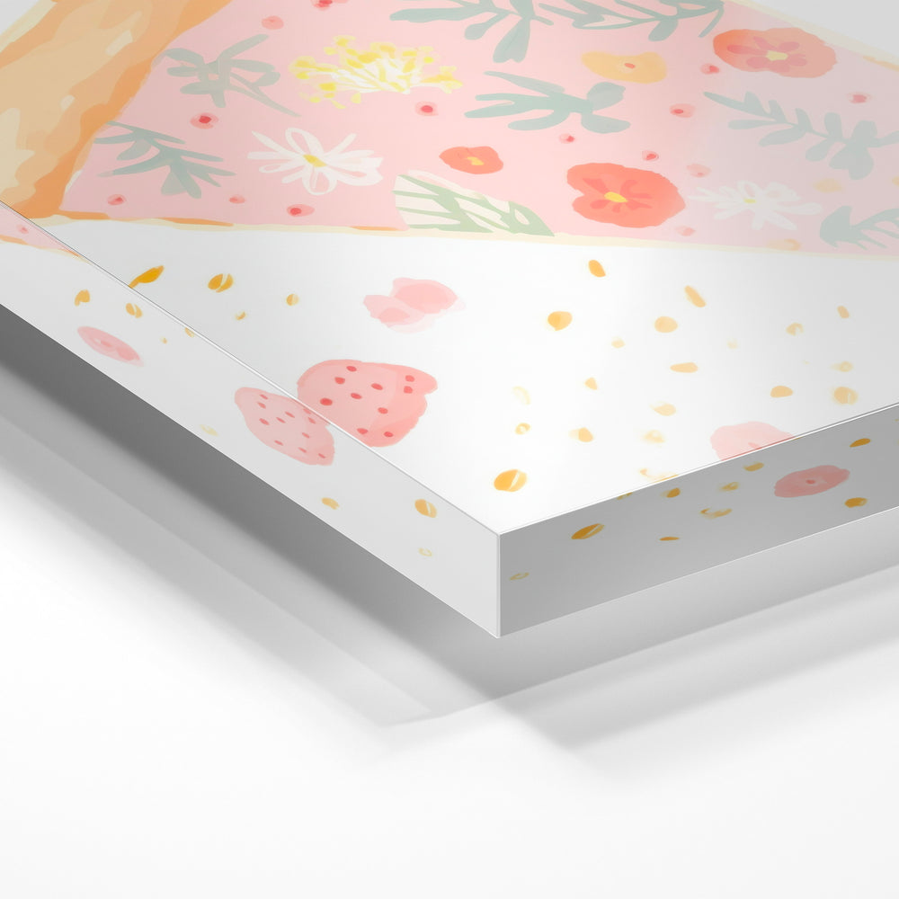 Gros plan de la matière : le tirage sous verre acrylique, tranche transparente visible.