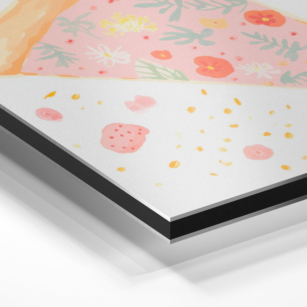 Gros plan de la matière : le tirage contrecollé sur aluminium Dibond mat, tranche visible.