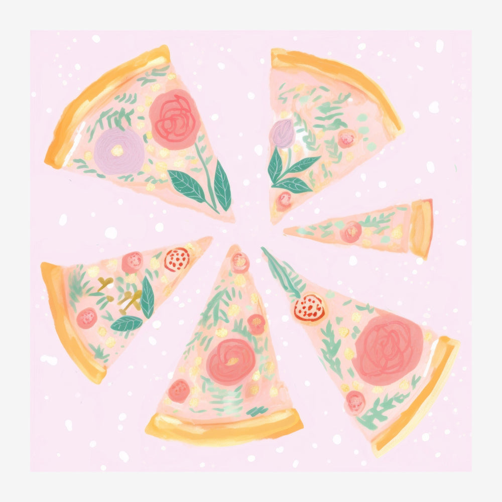 Cinq tranches de pizza triangulaires sur fond rose clair, chacune décorée de fleurs roses, violettes et feuilles vertes.
