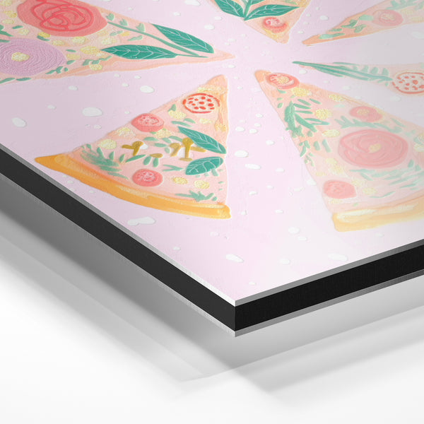 Tranches de pizza rose, fleurs et feuillages — Aluminium Dibond relief 3D