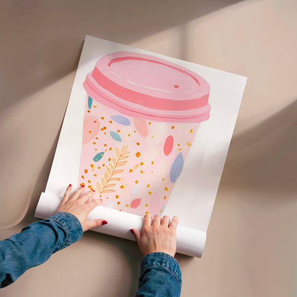 Gobelet rose et motifs botaniques pop art — Poster HP mat