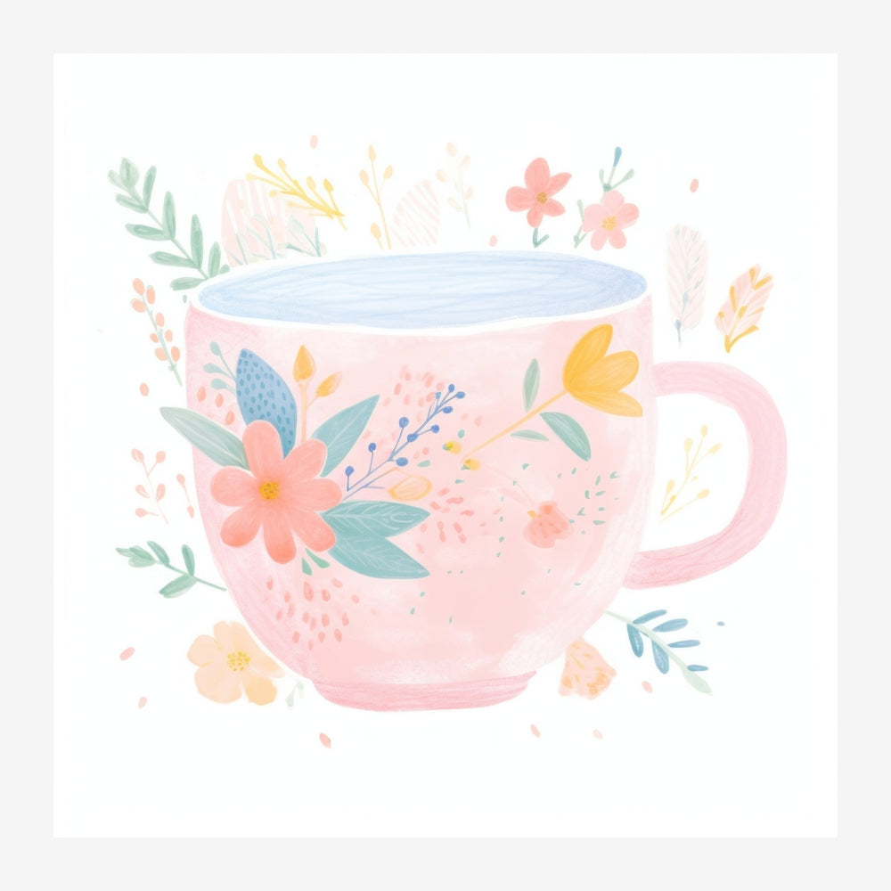 Illustration d'une tasse rose pâle décorée de fleurs colorées et de feuillages, sur fond blanc avec des éléments botaniques.