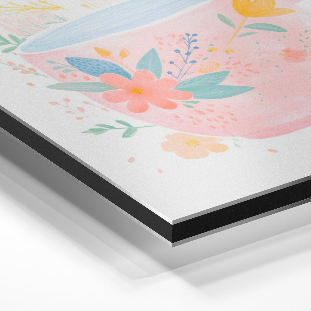 Gros plan de la matière : le tirage contrecollé sur aluminium Dibond mat, tranche visible.