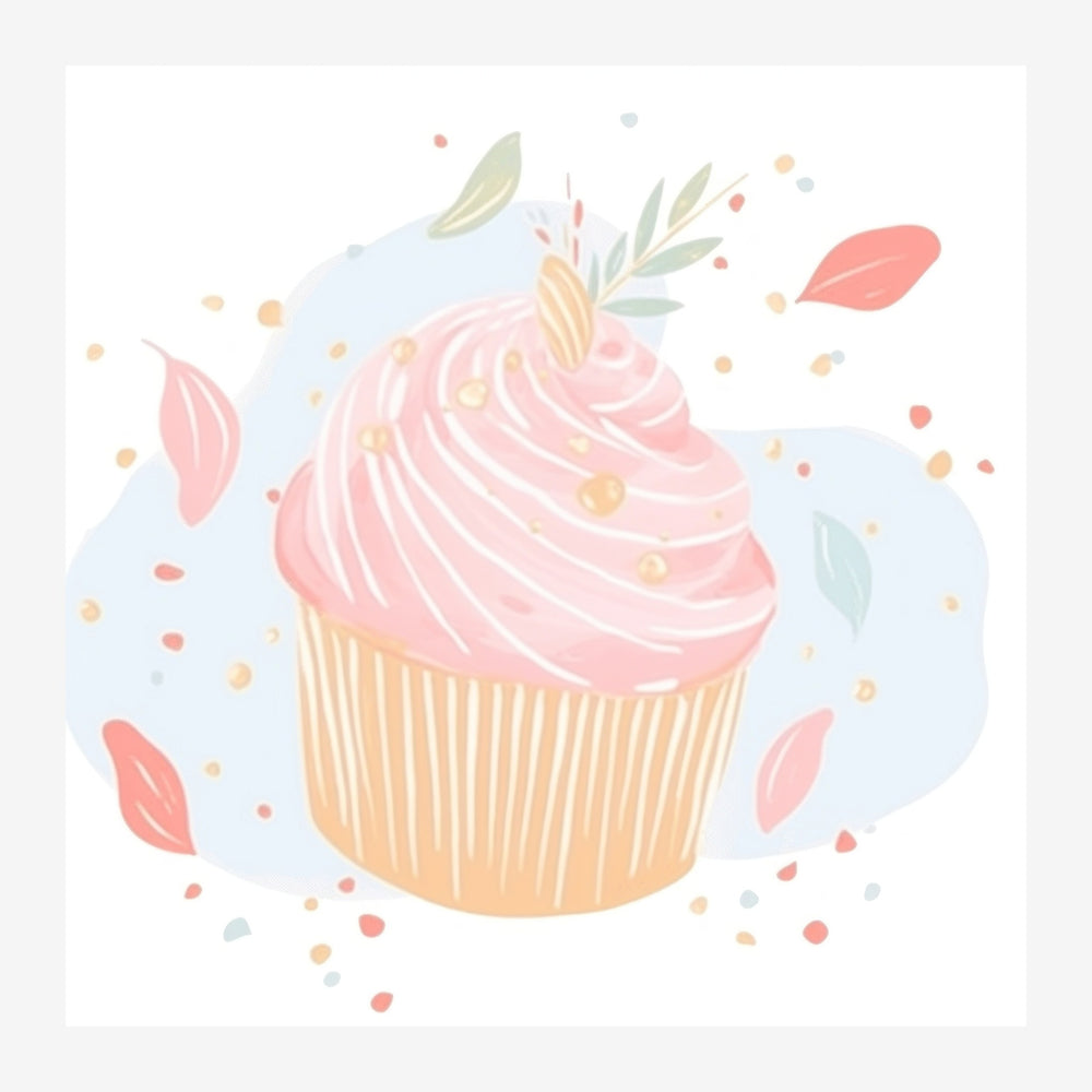 Illustration d'un cupcake aux teintes roses et crème, orné de feuillages stylisés et d'éléments flottants en arrière-plan.