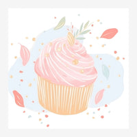 Illustration d'un cupcake aux teintes roses et crème, orné de feuillages stylisés et d'éléments flottants en arrière-plan.
