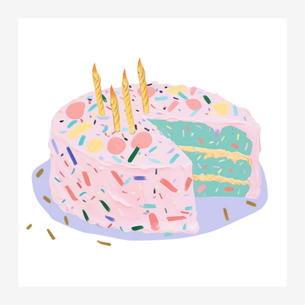 Illustration d'un gâteau rose à trois étages avec des bougies dorées, recouvert de confettis multicolores.