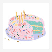 Illustration d'un gâteau rose à trois étages avec des bougies dorées, recouvert de confettis multicolores.