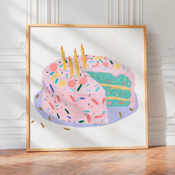 Gâteau d'anniversaire pop art rose et confettis — Poster HP mat