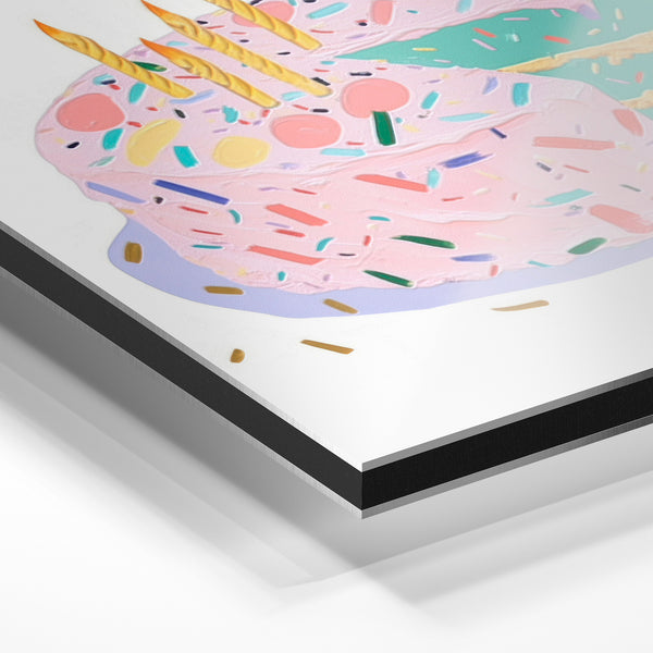 Gâteau d'anniversaire pop art rose et confettis — Aluminium Dibond relief 3D