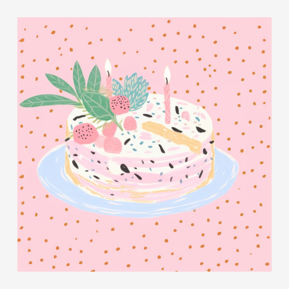 Illustration d'un gâteau rose garni de framboises et de feuillage, orné de deux bougies, posé sur assiette bleue sur fond.