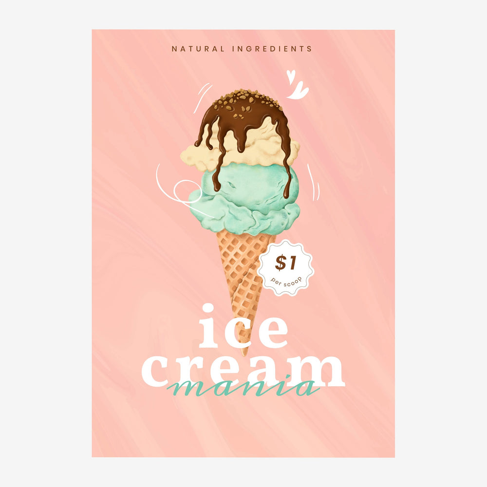 Affiche représentant un cornet de crème glacée à trois boules (chocolat, vanille, menthe) sur fond rose pêche, avec le texte.