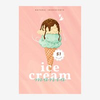 Affiche représentant un cornet de crème glacée à trois boules (chocolat, vanille, menthe) sur fond rose pêche, avec le texte.