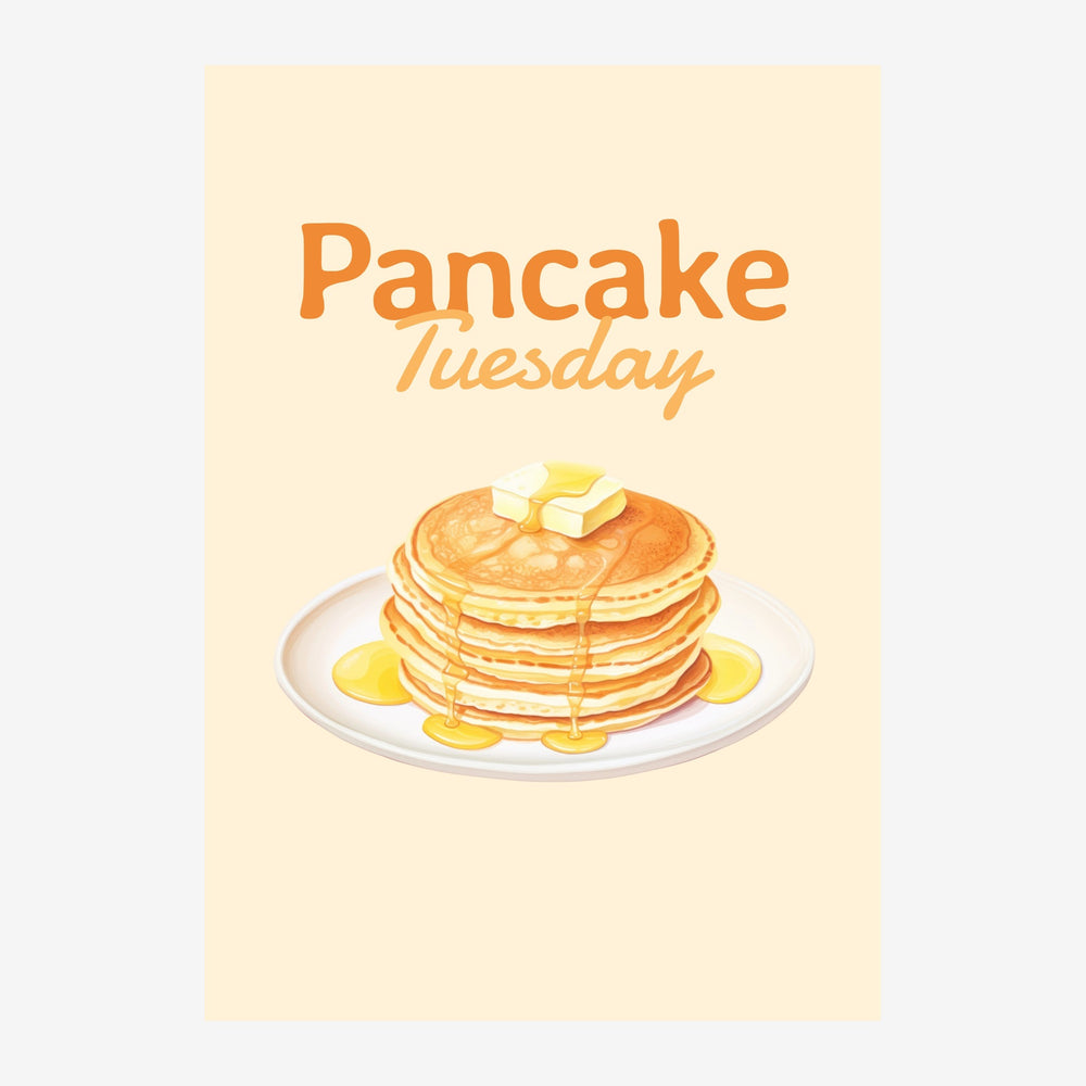 Affiche illustrée représentant une pile de pancakes dorés garnis de beurre et de citron, avec le texte « Pancake Tuesday ».