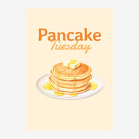 Affiche illustrée représentant une pile de pancakes dorés garnis de beurre et de citron, avec le texte « Pancake Tuesday ».