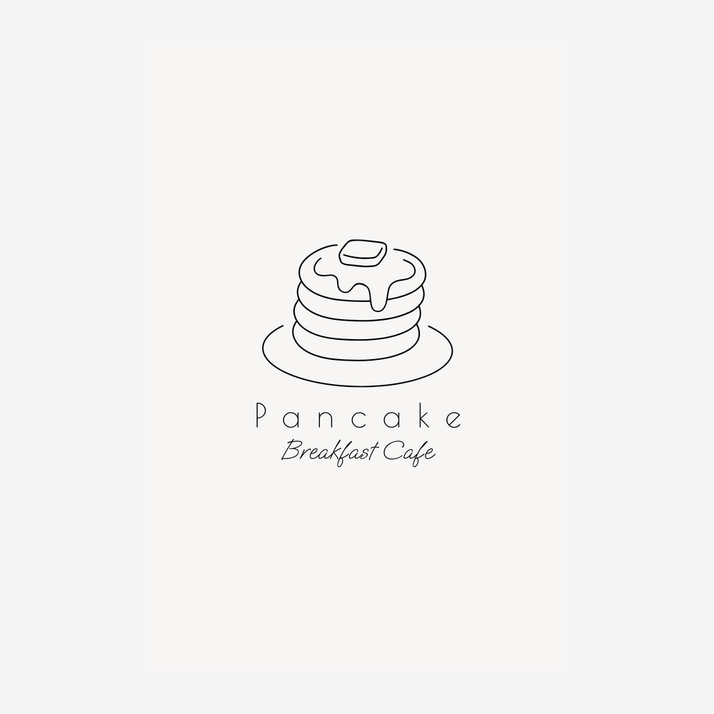 Logo minimaliste en ligne fine d'une pile de pancakes avec beurre, accompagné du texte "Pancake Breakfast Cafe" sur fond.