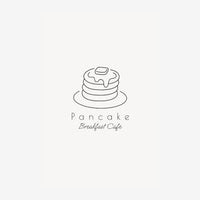 Logo minimaliste en ligne fine d'une pile de pancakes avec beurre, accompagné du texte "Pancake Breakfast Cafe" sur fond.