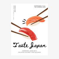 Affiche minimaliste montrant deux nigiri sushi — un orange et un rouge — tenus par des baguettes en bois sur fond blanc.