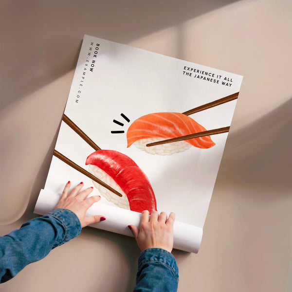Affiche Sushi et Baguettes, Style Minimaliste — Poster HP mat