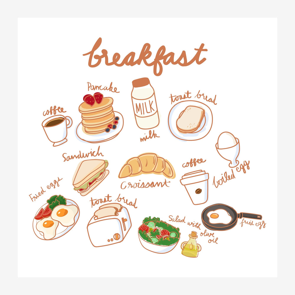 Affiche avec illustrations au trait terracotta de différents aliments du petit-déjeuner — café, pancakes, croissants, œufs.