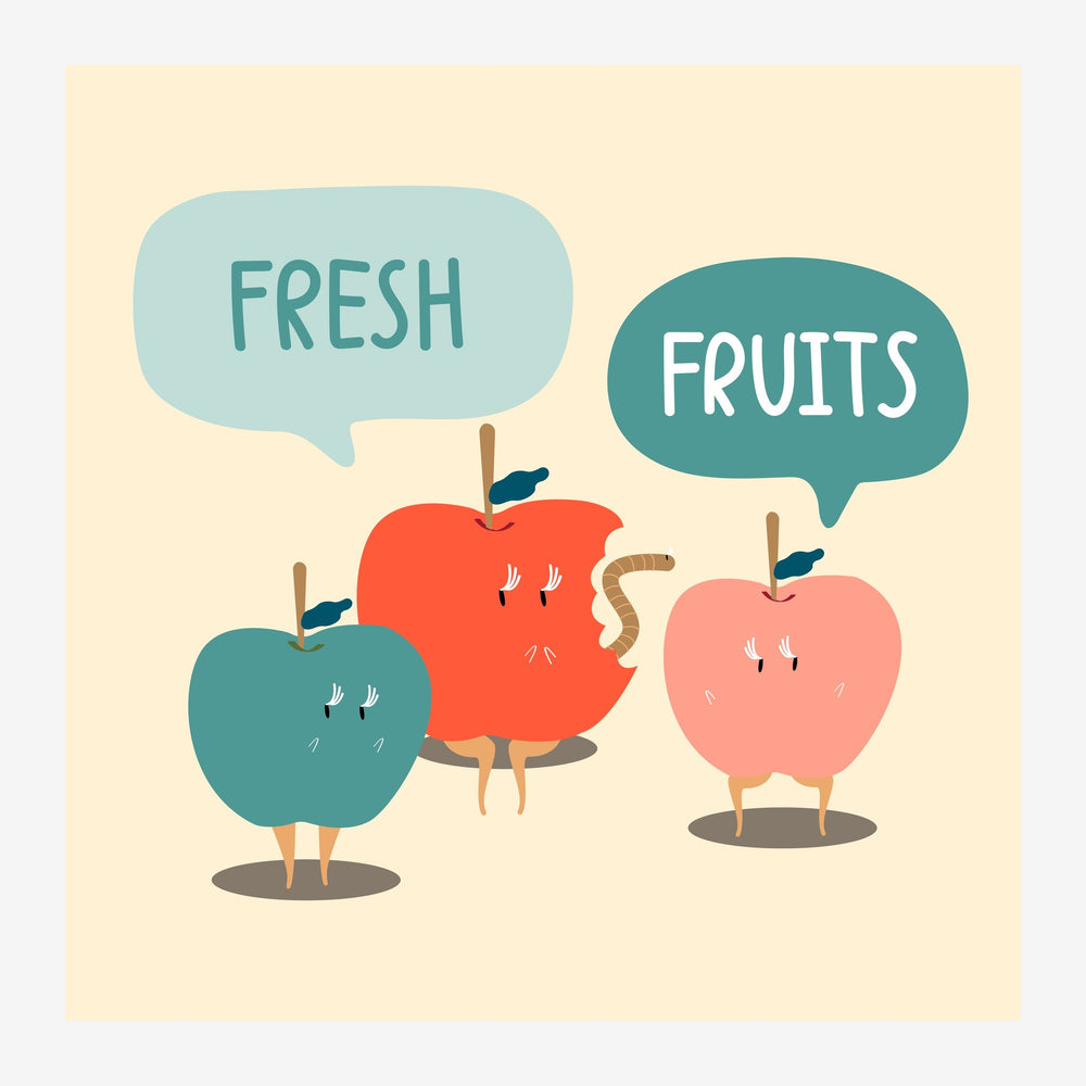Trois pommes anthropomorphes en rouge, vert et rose clair avec des jambes et des yeux, conversant via des bulles de dialogue.
