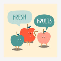 Trois pommes anthropomorphes en rouge, vert et rose clair avec des jambes et des yeux, conversant via des bulles de dialogue.