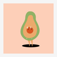 Illustration stylisée d'un avocat aux yeux expressifs, avec une chair jaune pâle, une écorce verte et un noyau brun, debout.