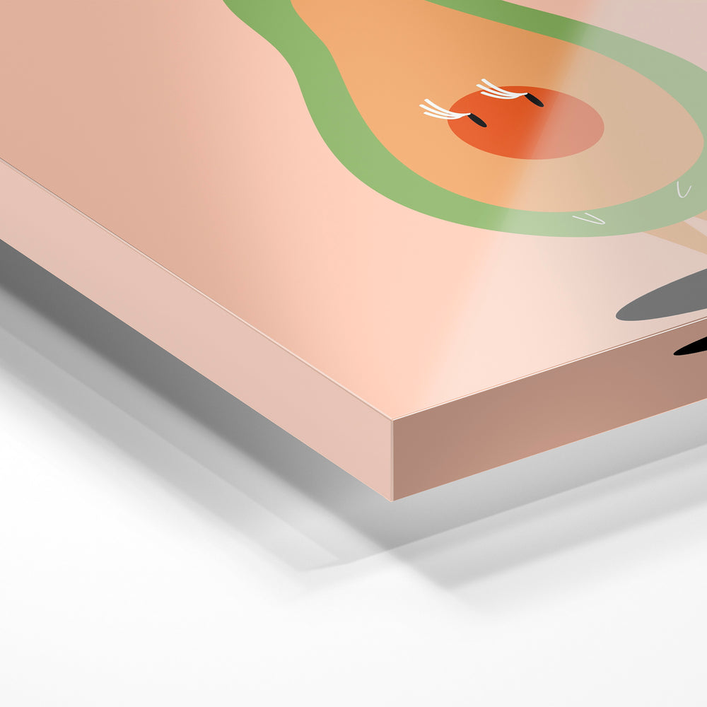 Gros plan de la matière : le tirage sous verre acrylique, tranche transparente visible.