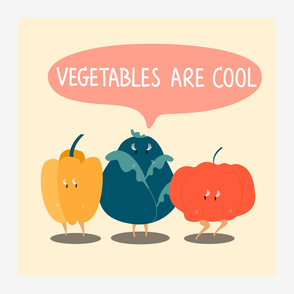 Illustration pop art avec trois légumes anthropomorphes (poivrons jaune, noir et rouge) affichant des sourires, sous une.