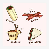 Illustration de quatre aliments distincts avec leurs noms : un burrito rempli de garnitures, du bacon ondulé fumant, une.