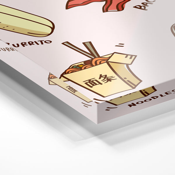Quatre mets : burrito, bacon, nouilles et sandwich — Verre acrylique
