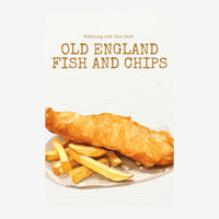 Affiche vintage représentant du poisson pané doré et des frites dorées sur du papier blanc, avec un texte « Old England Fish.