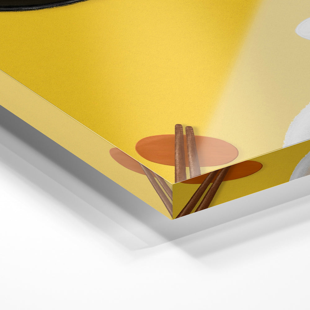 Gros plan de la matière : le tirage sous verre acrylique, tranche transparente visible.