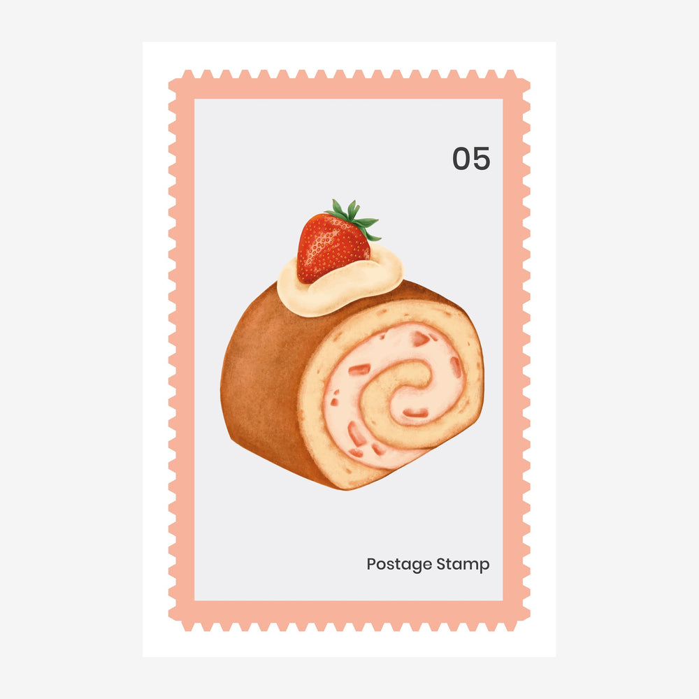 Illustration d'une pâtisserie roulée à la fraise avec crème pâtissière, encadrée comme un timbre postal aux bords rose.