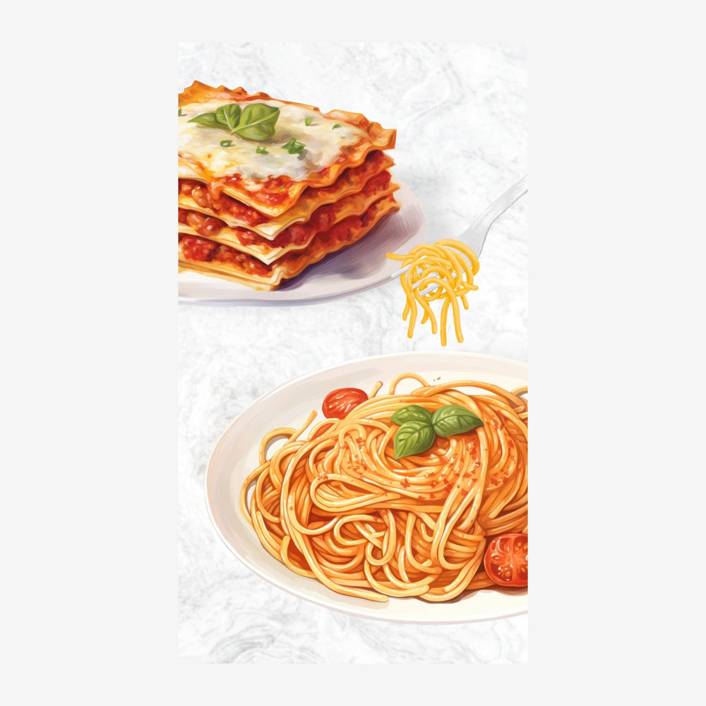 Illustration de deux plats italiens : une part de lasagne multicouches avec fromage fondu et feuille de basilic en haut, et.