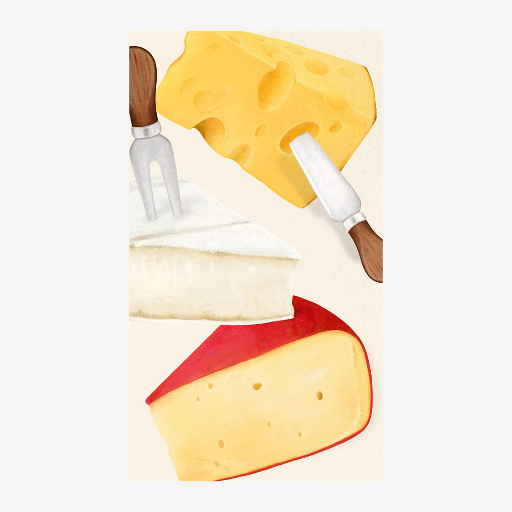 Composition illustrée montrant trois types de fromage et deux ustensiles de cuisine à manche bois, style aquarelle, sur fond.