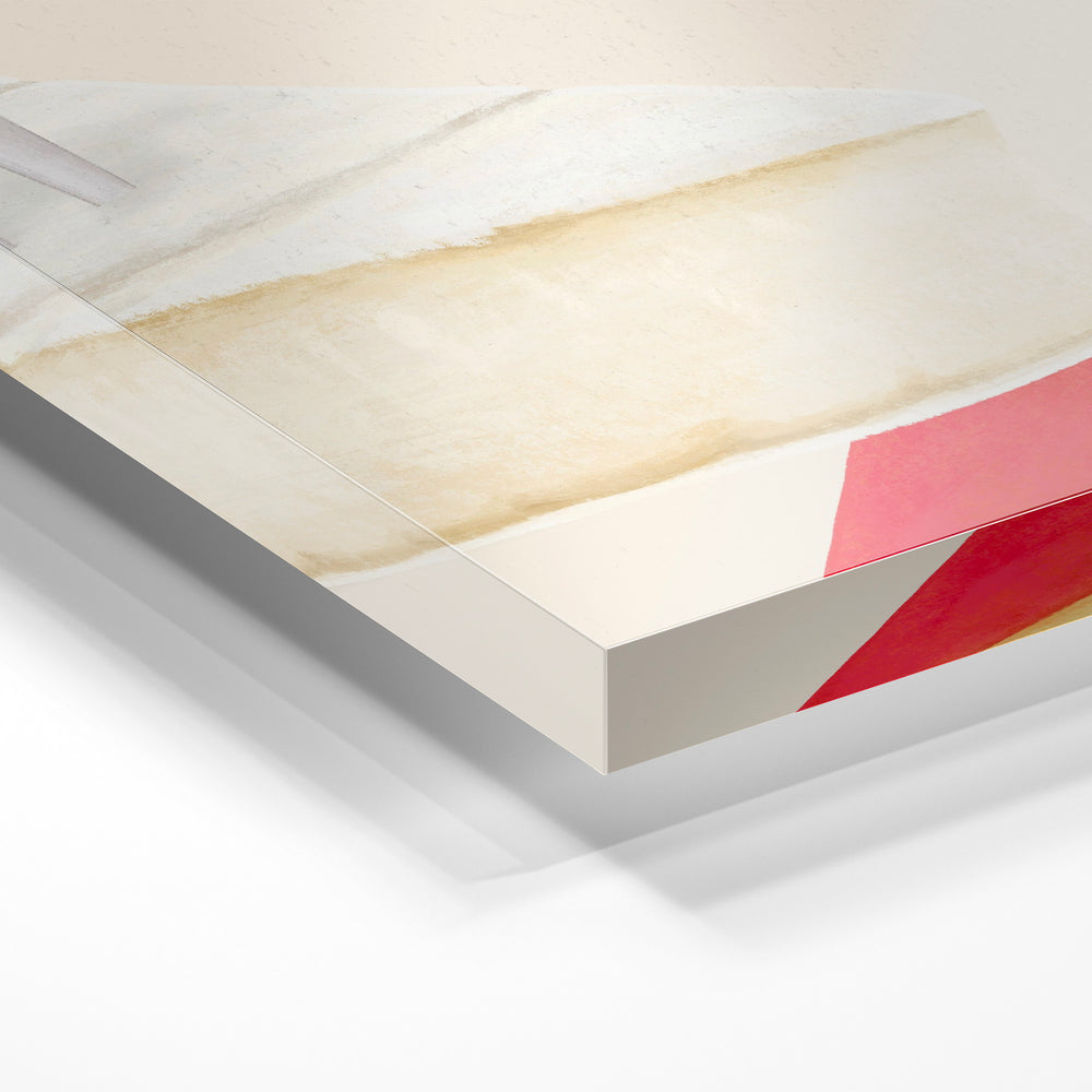 Gros plan de la matière : le tirage sous verre acrylique, tranche transparente visible.